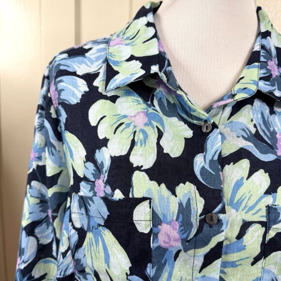 Charter Club Luxury 100% Linen Button Down Shirt Blue Floral 1X Vacation Resort - Picture 2 of 8